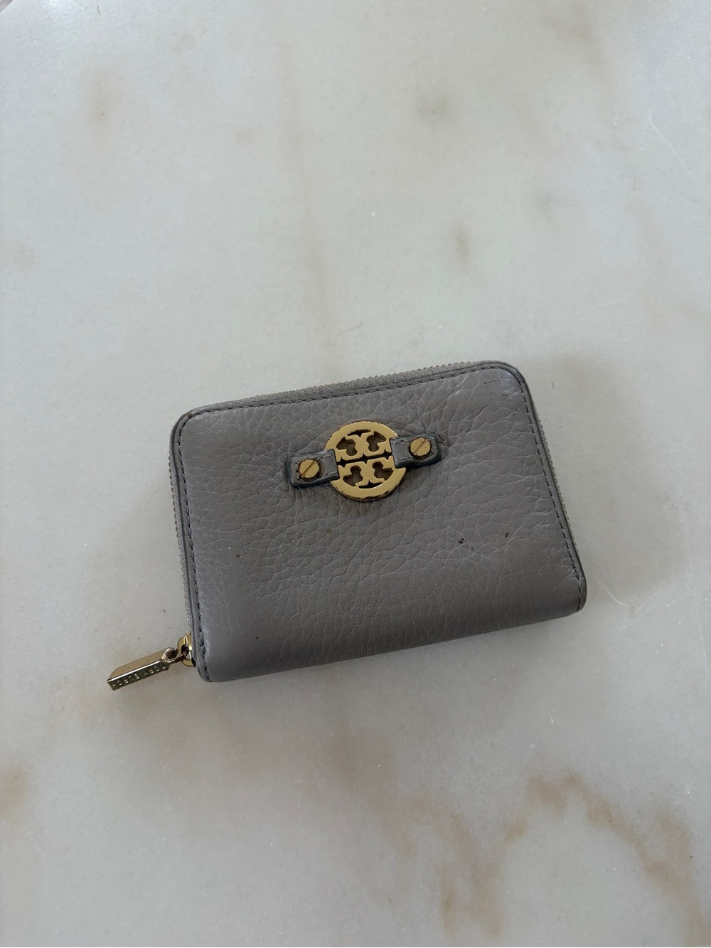 Tory Burch Gray Pebbled Leather Zip Card Case with Gold Logo